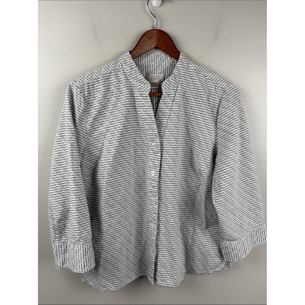 Christopher & Banks Gray and White Tunic Striped Band-Collar Long Sleeve Shirt M